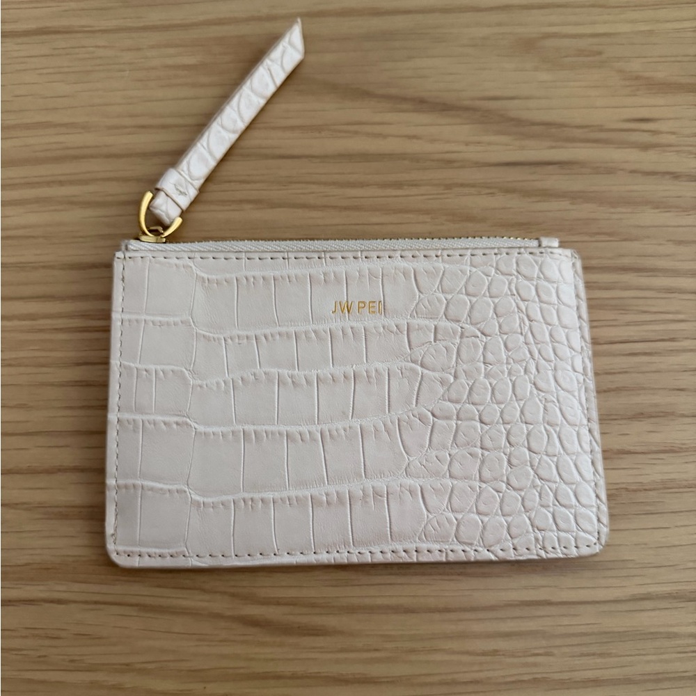 JW PEI Cream Croc-Embossed Wristlet Card Case with Gold Hardware